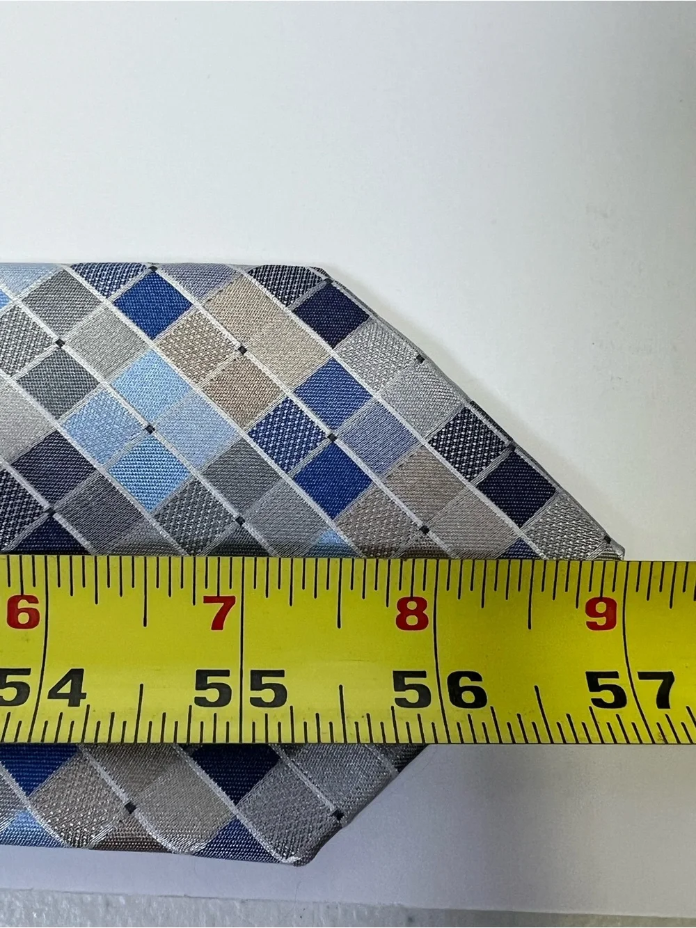 Geoffrey Beene Plaid Check Woven Men’s Tie Blue Gray Tan Polyester Geometric